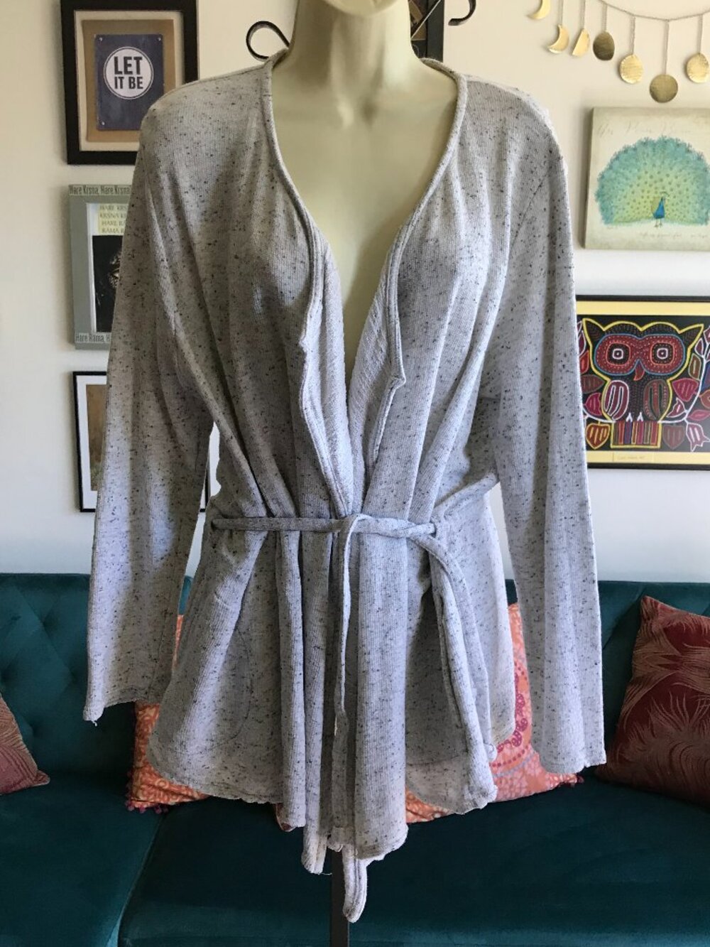 PURE JILL size L Gray Speckled Cotton Blend Belted Cardigan with Pockets J JILL